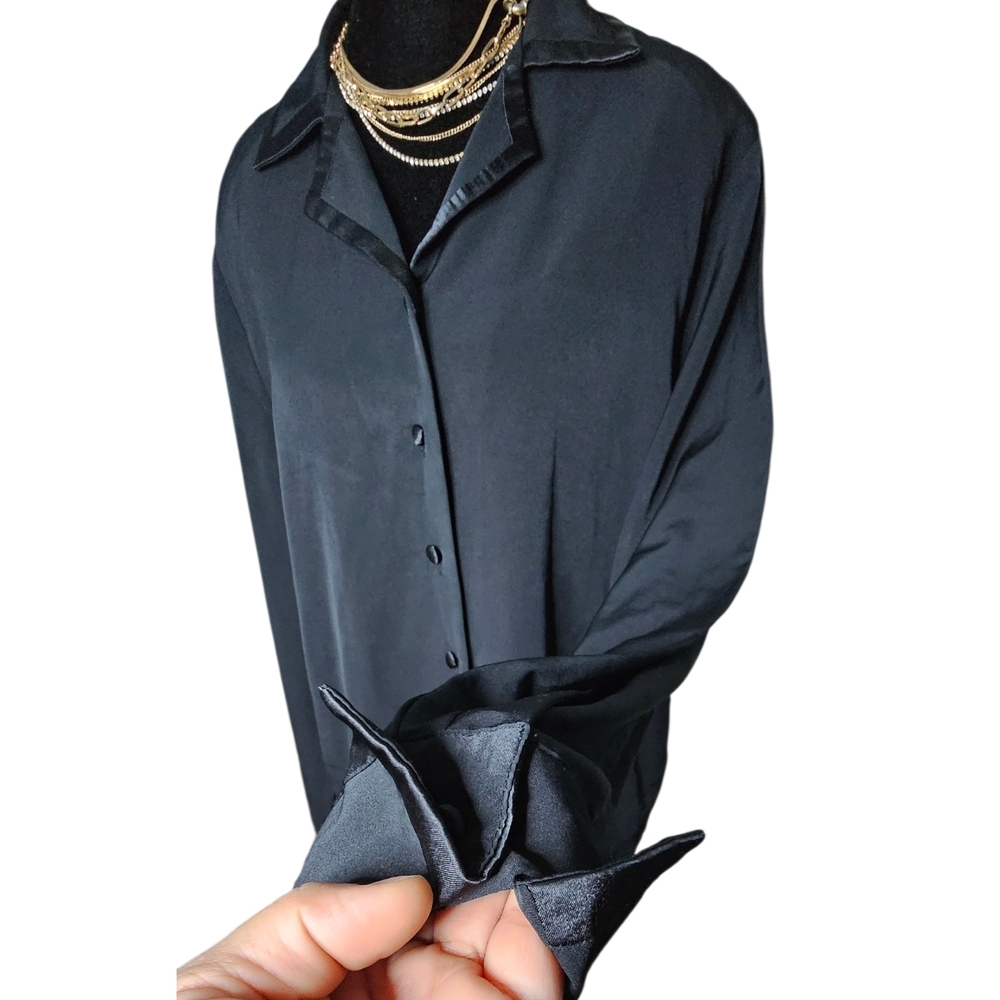Vintage 90s JOANNA Black Satin Finish Button Down Blouse | Oversized Shirt - Picture 4 of 5